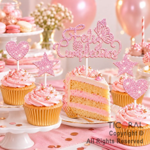 CAKE TOPPER FELIZ CUMPLEA�OS CON ESTRELLAS Y CORAZONES GIBRE ROSA